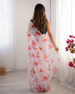 Off white organza printed partywear saree 3