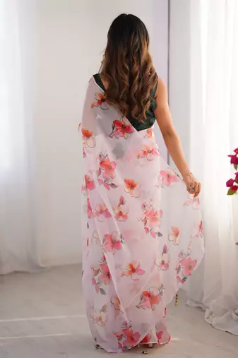 Off white organza printed partywear saree