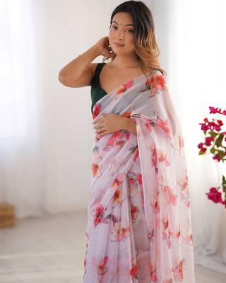 Off white organza printed partywear saree 4