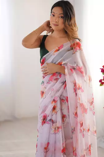 Off white organza printed partywear saree