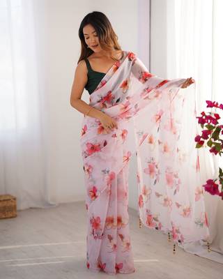 Off white organza printed partywear saree 5