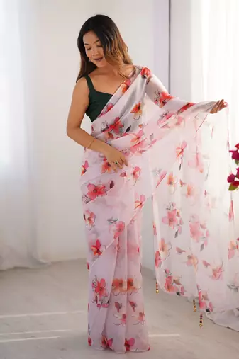 Off white organza printed partywear saree