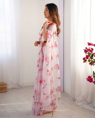 Off white organza printed partywear saree 6