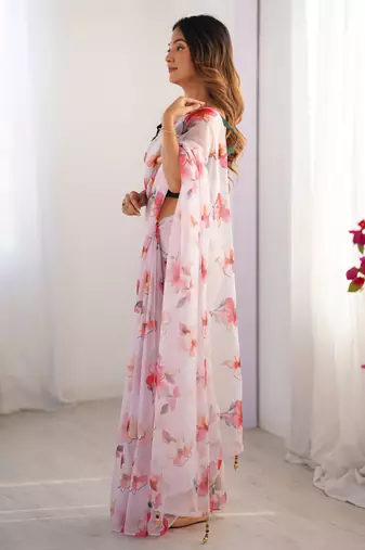 Off white organza printed partywear saree