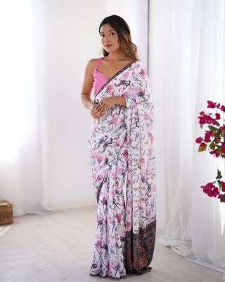 White chinon printed partywear saree 1