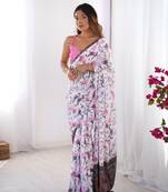 White chinon designer printed partywear saree