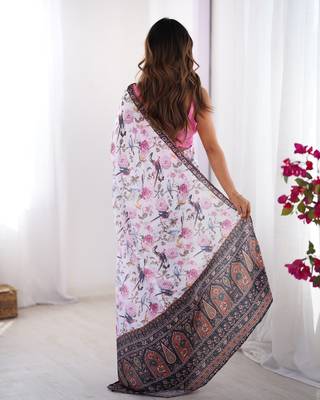 White chinon printed partywear saree 3