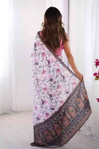 White chinon printed partywear saree