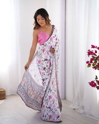 White chinon printed partywear saree 6