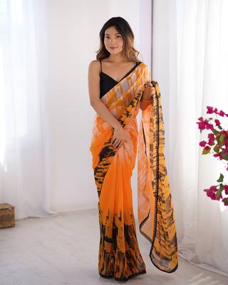 Orange georgette printed partywear saree 1
