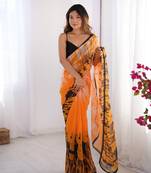 Orange georgette designer printed   partywear saree
