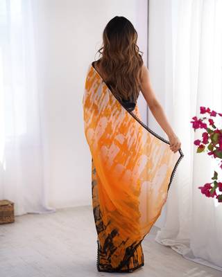 Orange georgette printed partywear saree 3