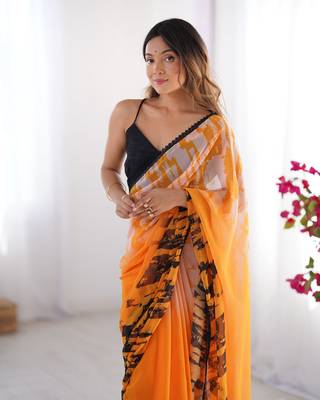 Orange georgette printed partywear saree 4