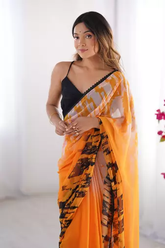 Orange georgette printed partywear saree