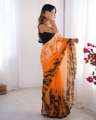 Orange georgette printed partywear saree 5
