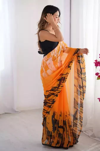 Orange georgette printed partywear saree