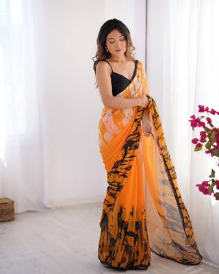 Orange georgette printed partywear saree 6