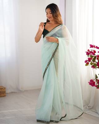 Sea green twill net embroidered lace saree 1
