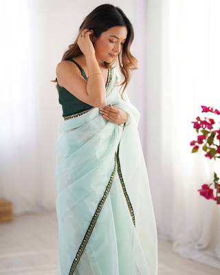 Sea green twill net embroidered lace saree 4