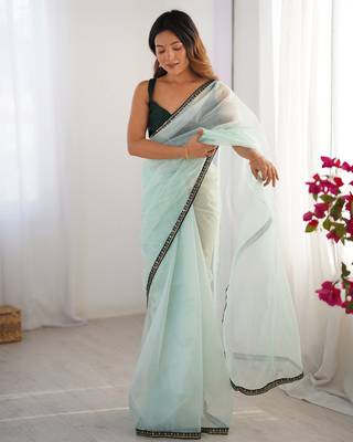 Sea green twill net embroidered lace saree 5