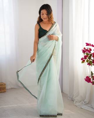Sea green twill net embroidered lace saree 6