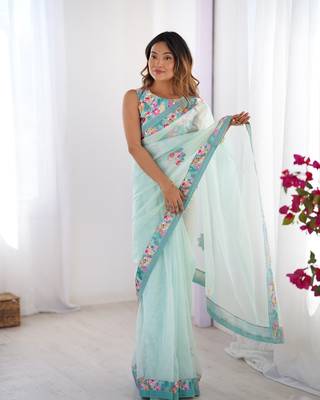 Sea green twill net printed swarovski work saree 1