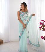 Sea green twill net printed swarovski work saree