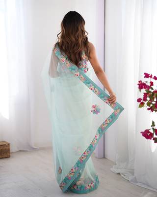 Sea green twill net printed swarovski work saree 3