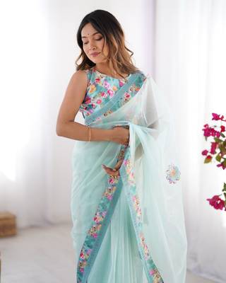 Sea green twill net printed swarovski work saree 4