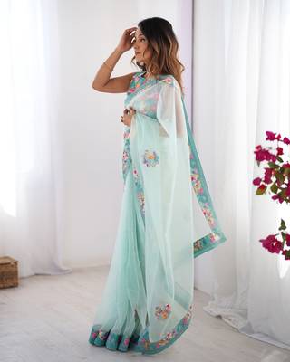 Sea green twill net printed swarovski work saree 5