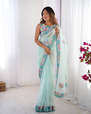 Sea green twill net printed swarovski work saree 6