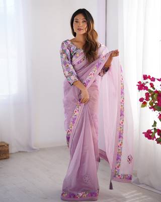 Purple twill net printed swarovski work saree 1
