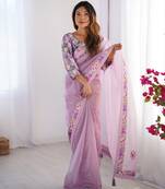 Purple twill net printed swarovski work saree