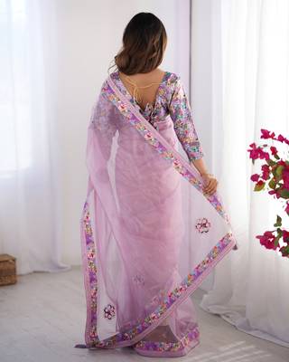 Purple twill net printed swarovski work saree 3