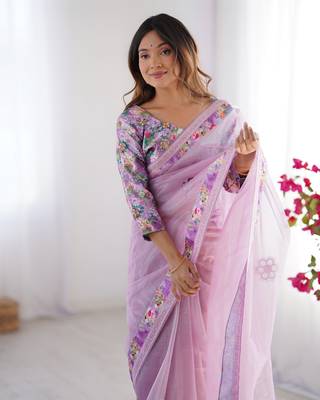 Purple twill net printed swarovski work saree 4