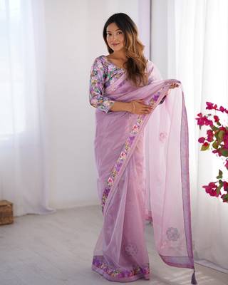 Purple twill net printed swarovski work saree 5