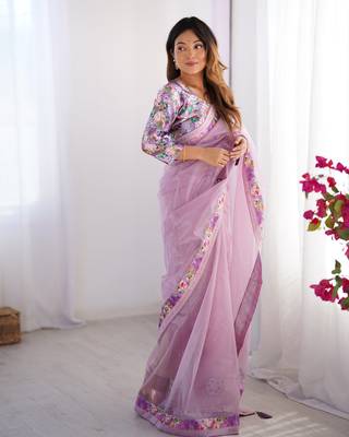 Purple twill net printed swarovski work saree 6