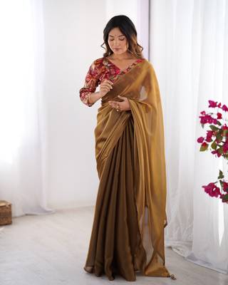 Brown twill net printed swarovski work saree 1