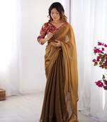 Brown twill net printed swarovski work saree