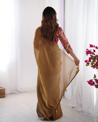 Brown twill net printed swarovski work saree 3