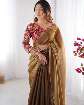 Brown twill net printed swarovski work saree 4