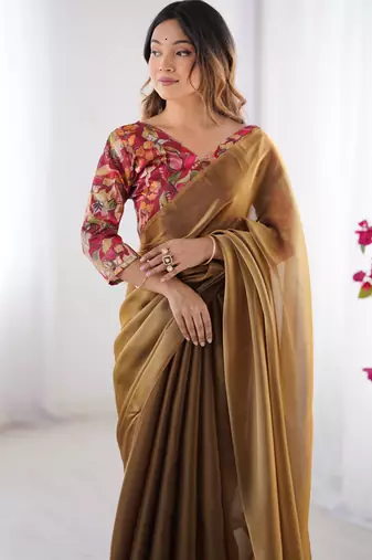 Brown twill net printed swarovski work saree