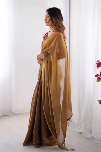 Brown twill net printed swarovski work saree