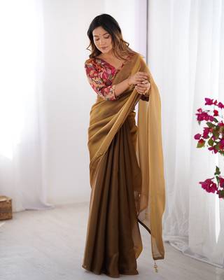 Brown twill net printed swarovski work saree 6
