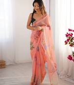 Peach organza printed partywear saree