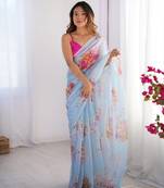 Sky blue organza designer printed partywear saree