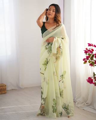 Green organza printed partywear saree 1
