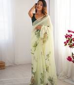 Green organza designer printed partywear saree