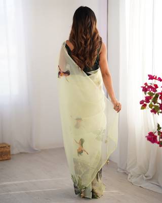 Green organza printed partywear saree 3