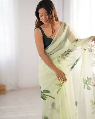 Green organza printed partywear saree 4